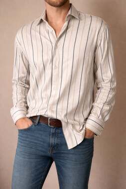 Steven Land Men's White Cotton Greek Key Stripe Dress Shirt